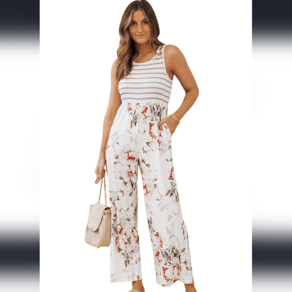 White Striped Floral  Sleeveless Jumpsuit